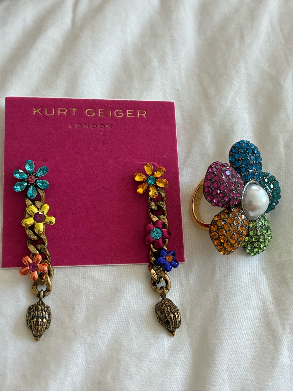 Kurt Geiger Multicolor Crystal Flower Earrings and Brooch Set